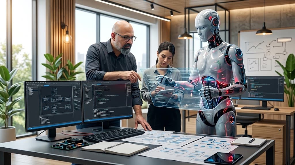 Umut Yerebakmaz, ekip arkadaşı ve bir yapay zekâ robotuyla yazılım şemaları üzerinde çalışırken