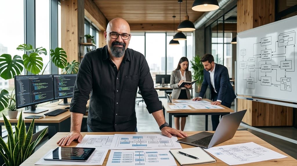 Umut Yerebakmaz at a desk covered with architecture diagrams, with a team and a system flow diagram in the background